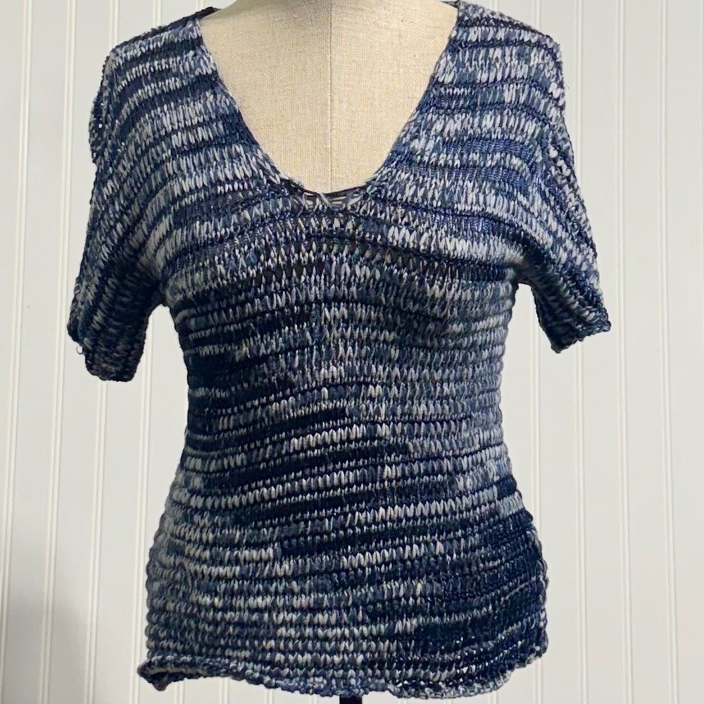 Eileen Fisher Petite Sweater V-Neck Open Knit Space Dye Blue Short Sleeve S